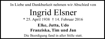 Traueranzeige von Ingrid Elsner von Neue Westfälische
