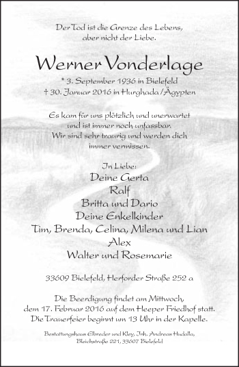 Traueranzeige von Werner Vonderlage von Neue Westfälische