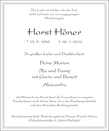Traueranzeige von Horst Höner von Neue Westfälische