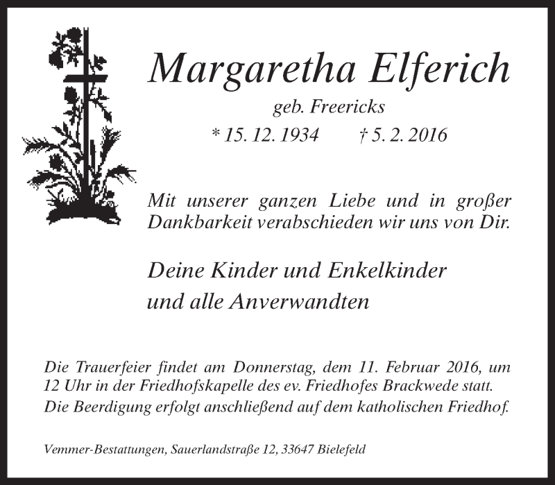  Traueranzeige für Margaretha Elferich vom 09.02.2016 aus Neue Westfälische