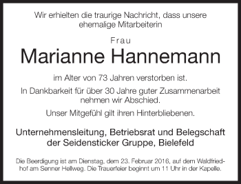 Traueranzeige von Marianne Hannemann von Neue Westfälische