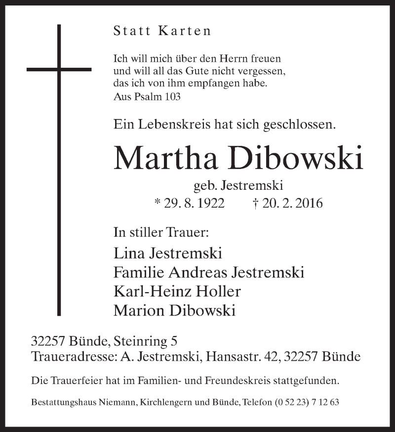  Traueranzeige für Martha Dibowski vom 26.02.2016 aus Neue Westfälische