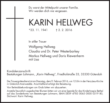 Traueranzeige von Karin Hellweg von Neue Westfälische