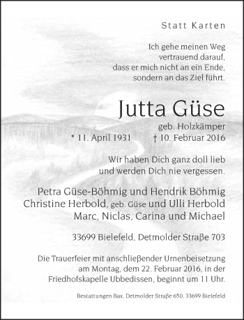 Traueranzeige von Jutta Güse von Neue Westfälische