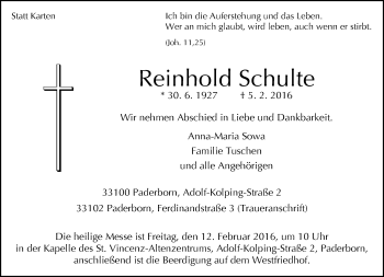 Traueranzeige von Reinhold Schulte von Neue Westfälische