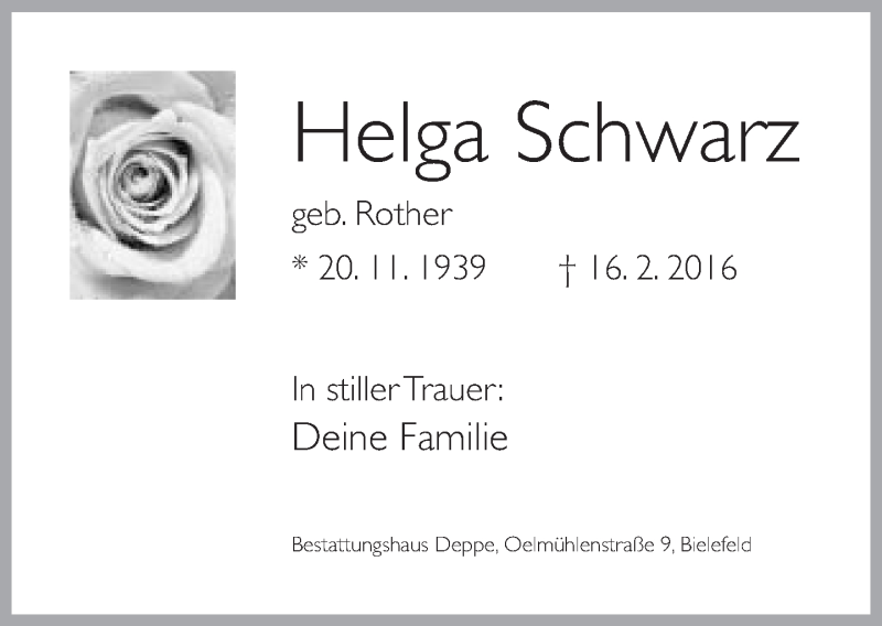  Traueranzeige für Helga Schwarz vom 20.02.2016 aus Neue Westfälische