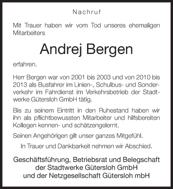 Traueranzeige von Andrej Bergen von Neue Westfälische