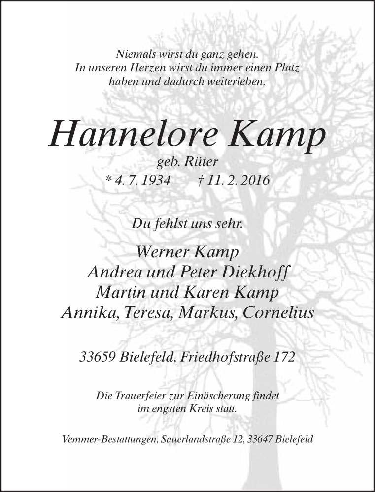  Traueranzeige für Hannelore Kamp vom 13.02.2016 aus Neue Westfälische