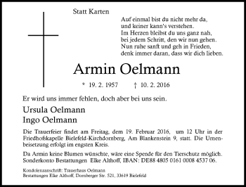 Traueranzeige von Armin Oelmann von Neue Westfälische