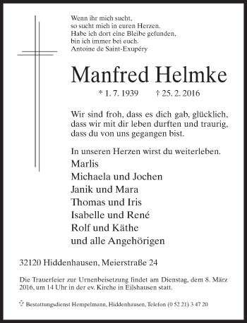 Traueranzeige von Manfred Helmke von Neue Westfälische