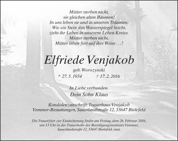 Traueranzeige von Elfriede Venjakob von Neue Westfälische