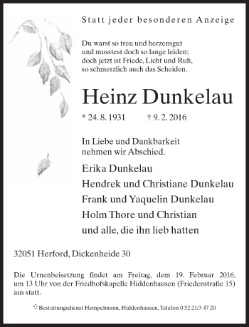 Traueranzeige von Heinz Dunkelau von Neue Westfälische