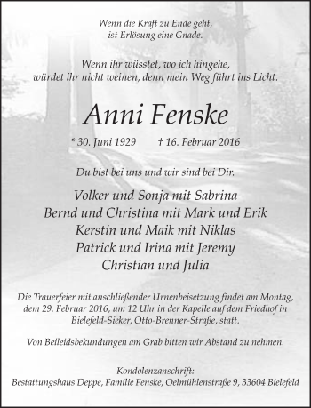 Traueranzeige von Anni Fenske von Neue Westfälische
