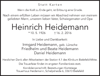 Traueranzeige von Heinrich Heidemann von Neue Westfälische