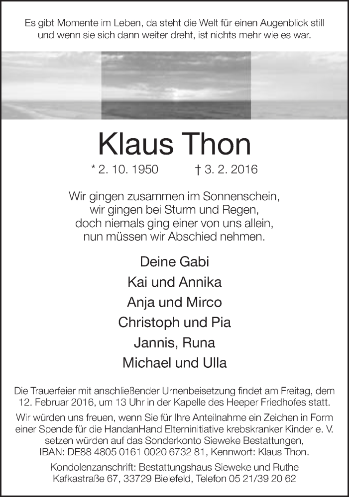  Traueranzeige für Klaus Thon vom 06.02.2016 aus Neue Westfälische