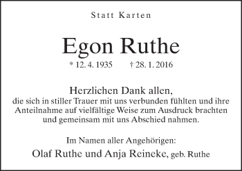 Traueranzeige von Egon Ruthe von Neue Westfälische