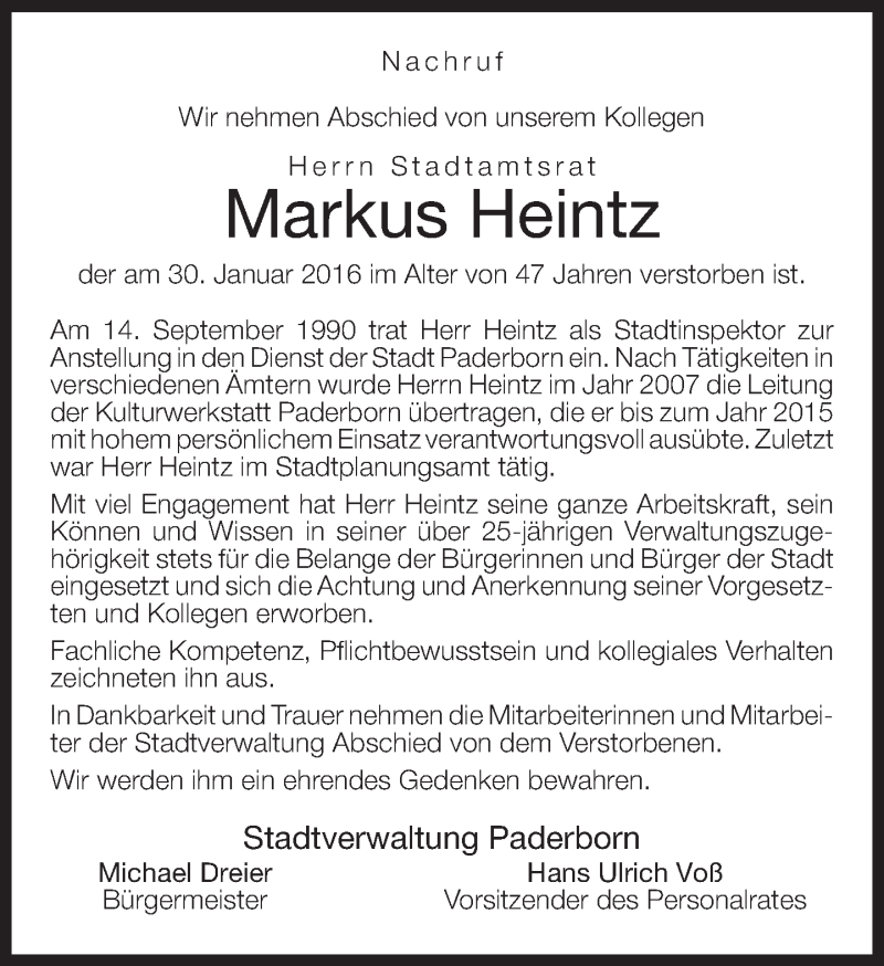  Traueranzeige für Markus Heintz vom 03.02.2016 aus Neue Westfälische