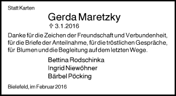 Traueranzeige von Gerda Maretzky von Neue Westfälische