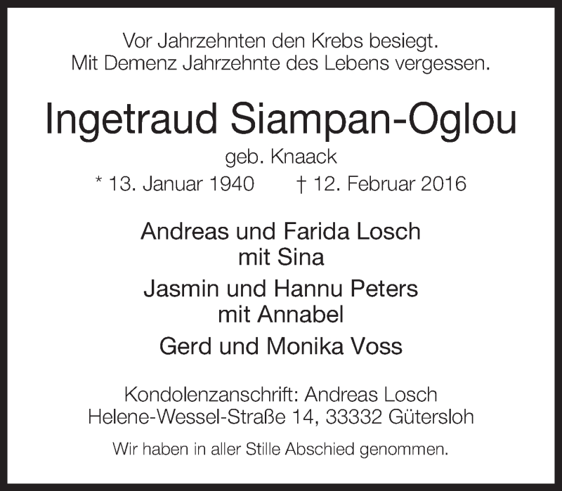  Traueranzeige für Ingetraud Siampan-Oglou vom 15.02.2016 aus Neue Westfälische