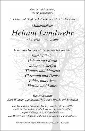 Traueranzeige von Helmut Landwehr von Neue Westfälische