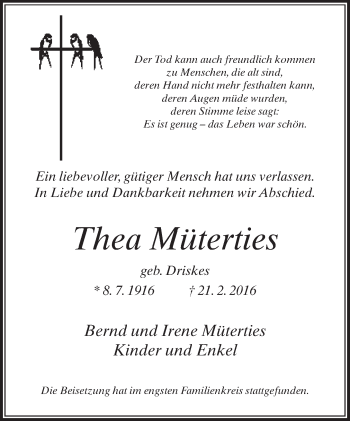 Traueranzeige von Thea Müterties von Neue Westfälische