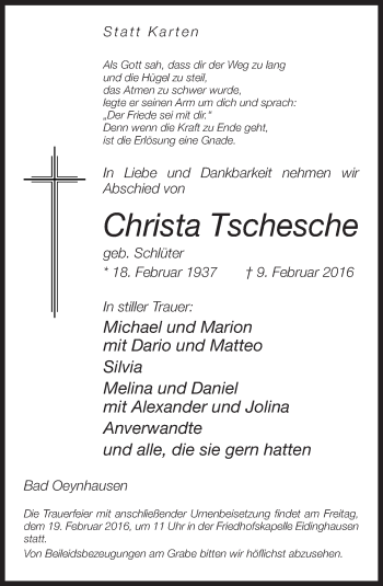 Traueranzeige von Christa Tschesche von Neue Westfälische