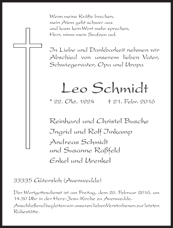 Traueranzeige von Leo Schmidt von Neue Westfälische