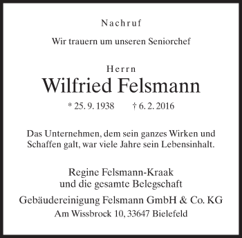 Traueranzeige von Wilfried Felsmann von Neue Westfälische