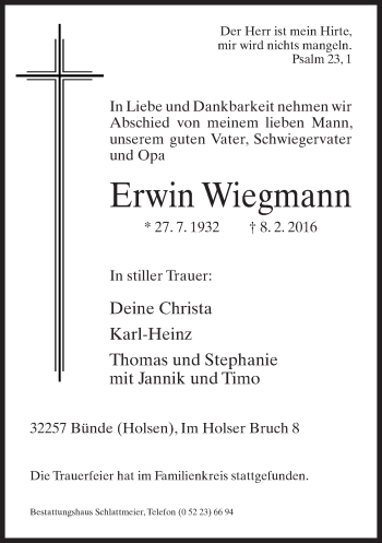 Traueranzeige von Erwin Wiegmann von Neue Westfälische