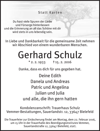 Traueranzeige von Gerhard Schulz von Neue Westfälische