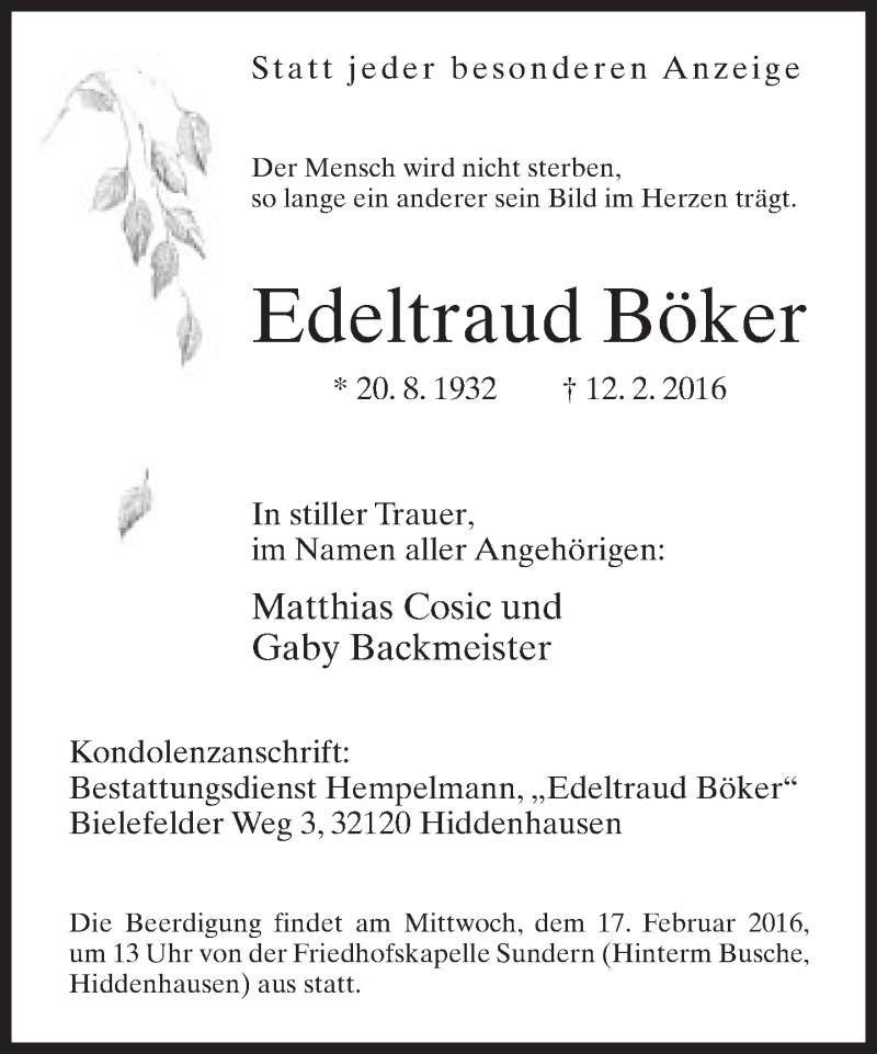  Traueranzeige für Edeltarud Böker vom 15.02.2016 aus Neue Westfälische