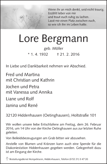 Traueranzeige von Lore Bergmann von Neue Westfälische
