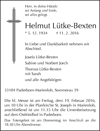 Traueranzeige von Helmut Lütke-Bexten von Neue Westfälische