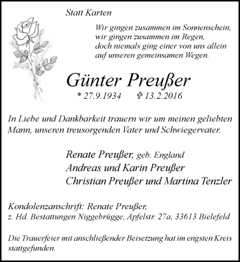 Traueranzeige von Günter Preußer von Neue Westfälische