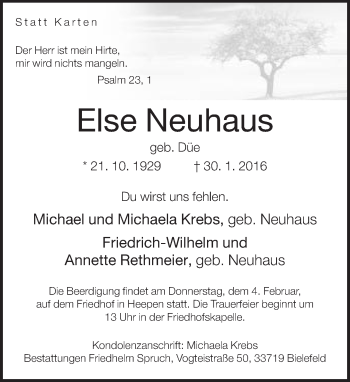 Traueranzeige von Else Neuhaus von Neue Westfälische