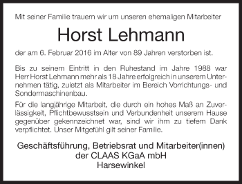 Traueranzeige von Horst Lehmann von Neue Westfälische