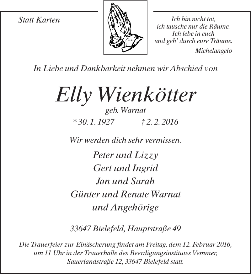  Traueranzeige für Elly Wienkötter vom 06.02.2016 aus Neue Westfälische