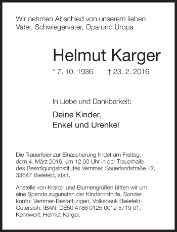 Traueranzeige von Helmut Karger von Neue Westfälische