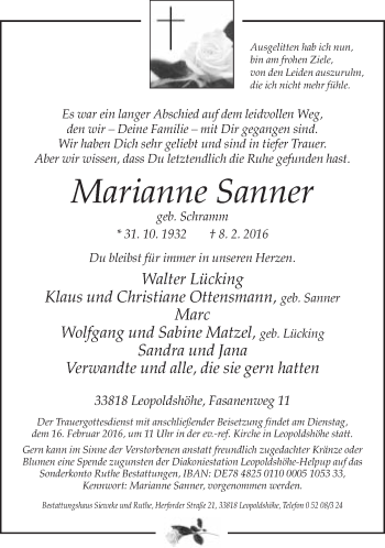 Traueranzeige von Marianne Sanner von Neue Westfälische