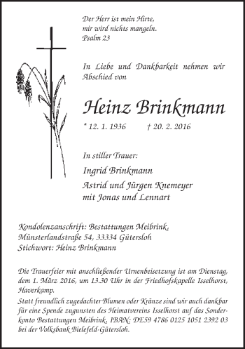 Traueranzeige von Heinz Brinkmann von Neue Westfälische