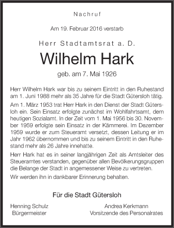Traueranzeige von Wilhelm Hark von Neue Westfälische
