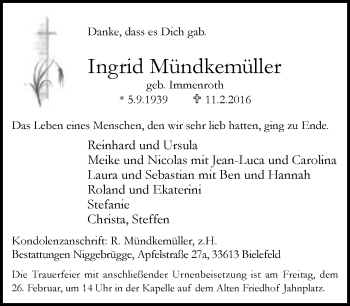 Traueranzeige von Ingrid Mündkemüller von Neue Westfälische