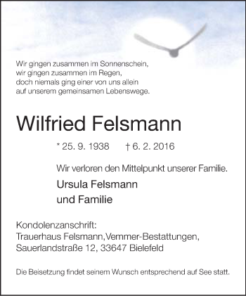 Traueranzeige von Wilfried Felsmann von Neue Westfälische