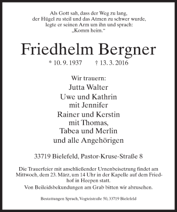 Traueranzeige von Friedhelm Bergner von Neue Westfälische