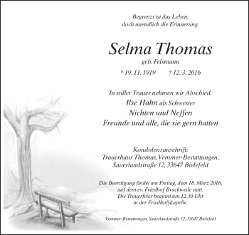 Traueranzeige von Selma Thomas von Neue Westfälische