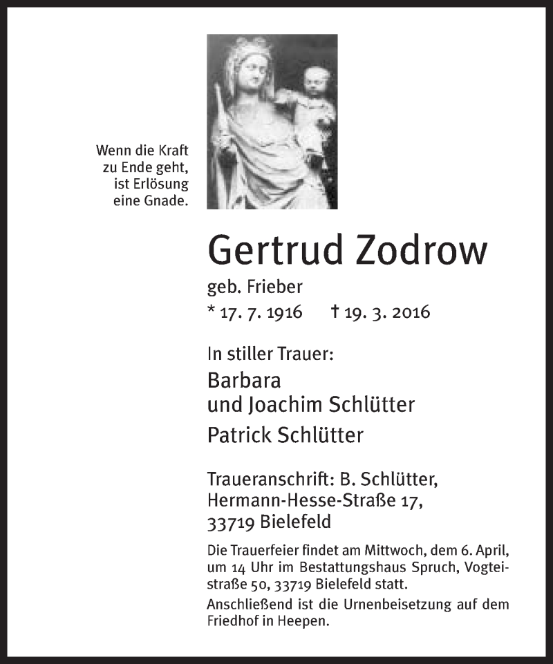  Traueranzeige für Gertrud Zodrow vom 25.03.2016 aus Neue Westfälische