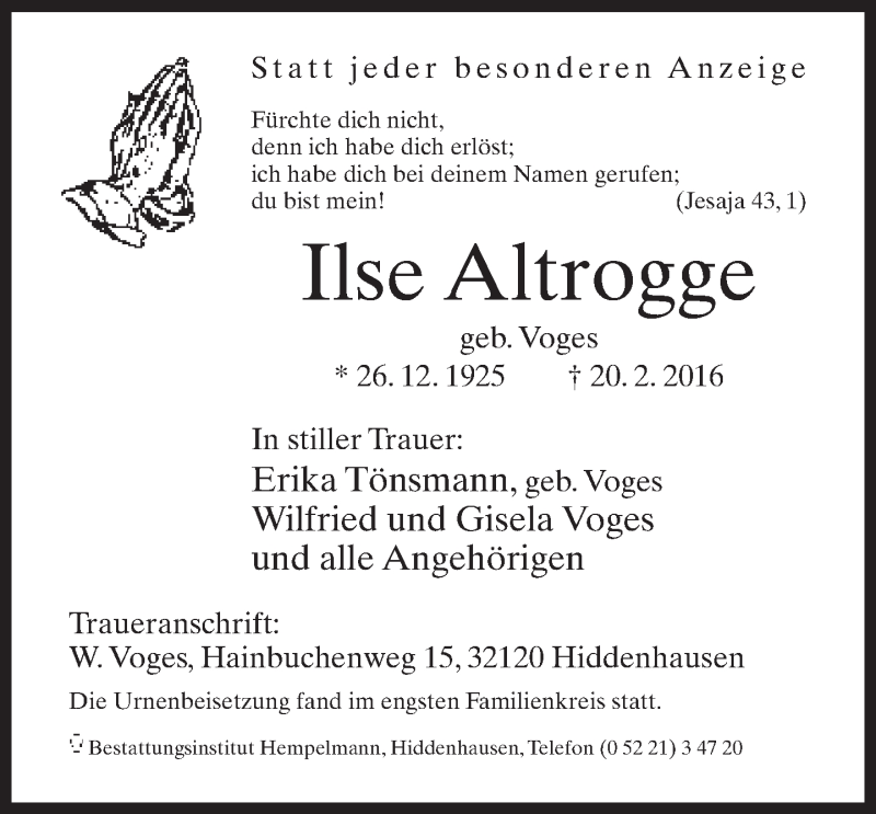  Traueranzeige für Ilse Altrogge vom 02.03.2016 aus Neue Westfälische