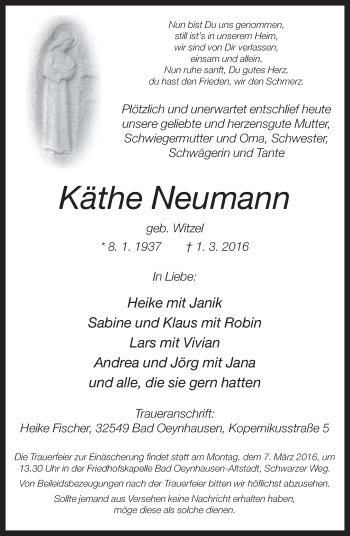 Traueranzeige von Käthe Neumann von Neue Westfälische