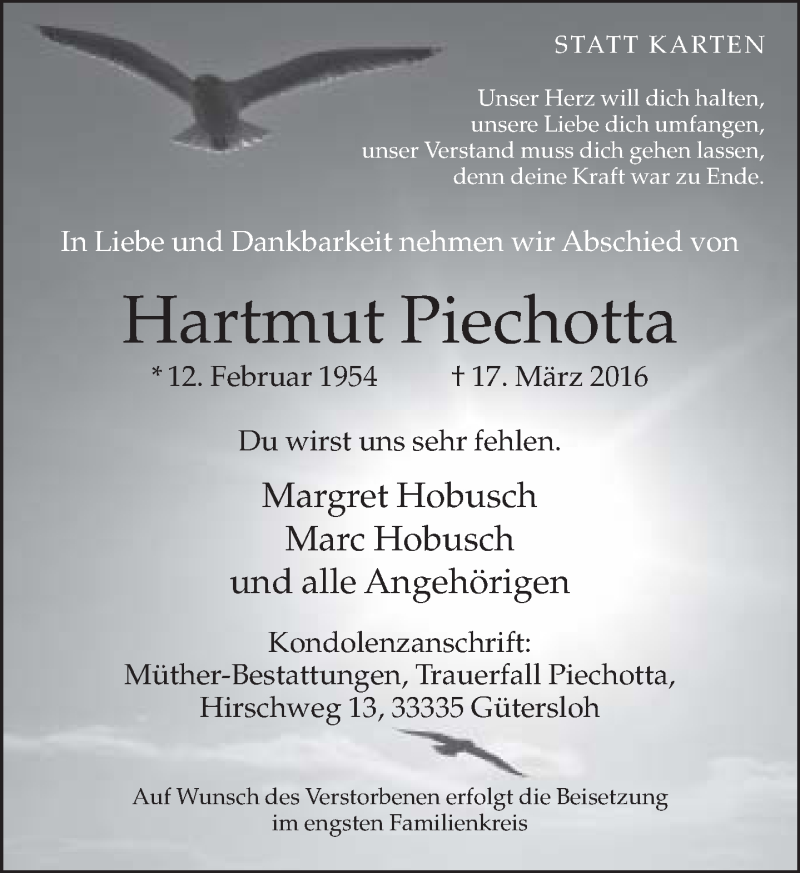 Traueranzeige für Hartmut Piechotta vom 19.03.2016 aus Neue Westfälische