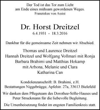 Traueranzeige von Horst Dreitzel von Neue Westfälische